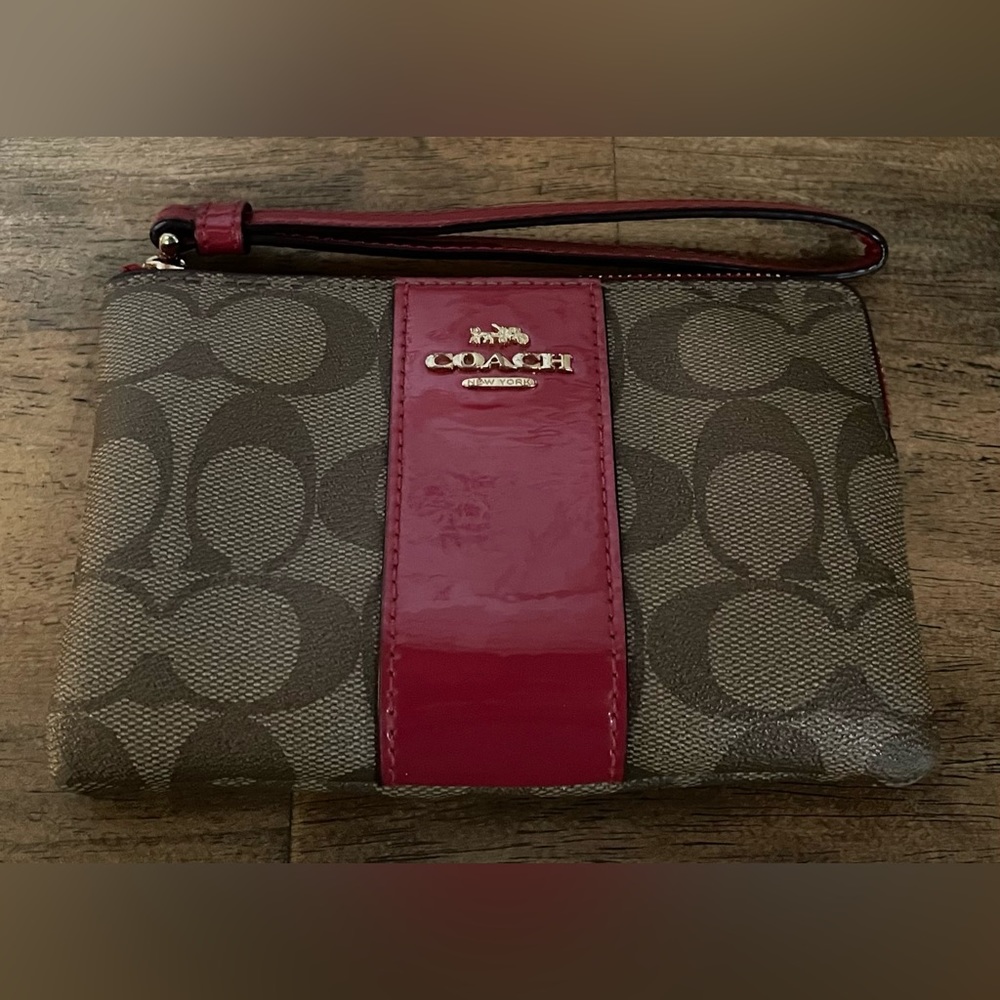 Coach Wristlet - Signature Print with red Patent Leather band & Red Wristlet